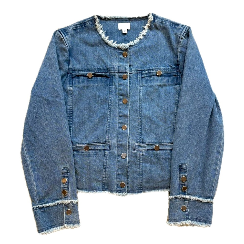 ecru Frayed Collarless Cropped Demin Jean Jacket Indigo Small NWT